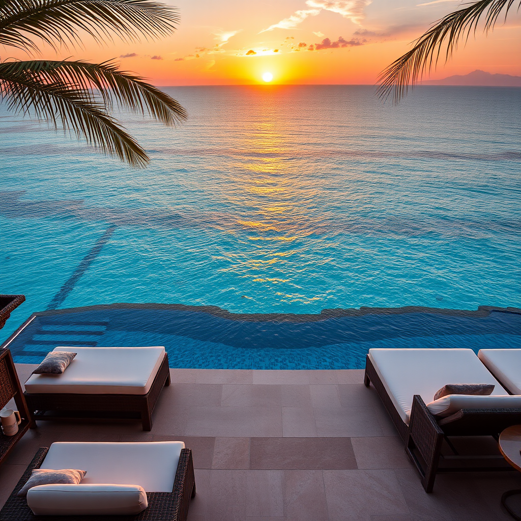 Luxury resort infinity pool overlooking pristine ocean waters at sunset with elegant poolside cabanas and premium outdoor furniture