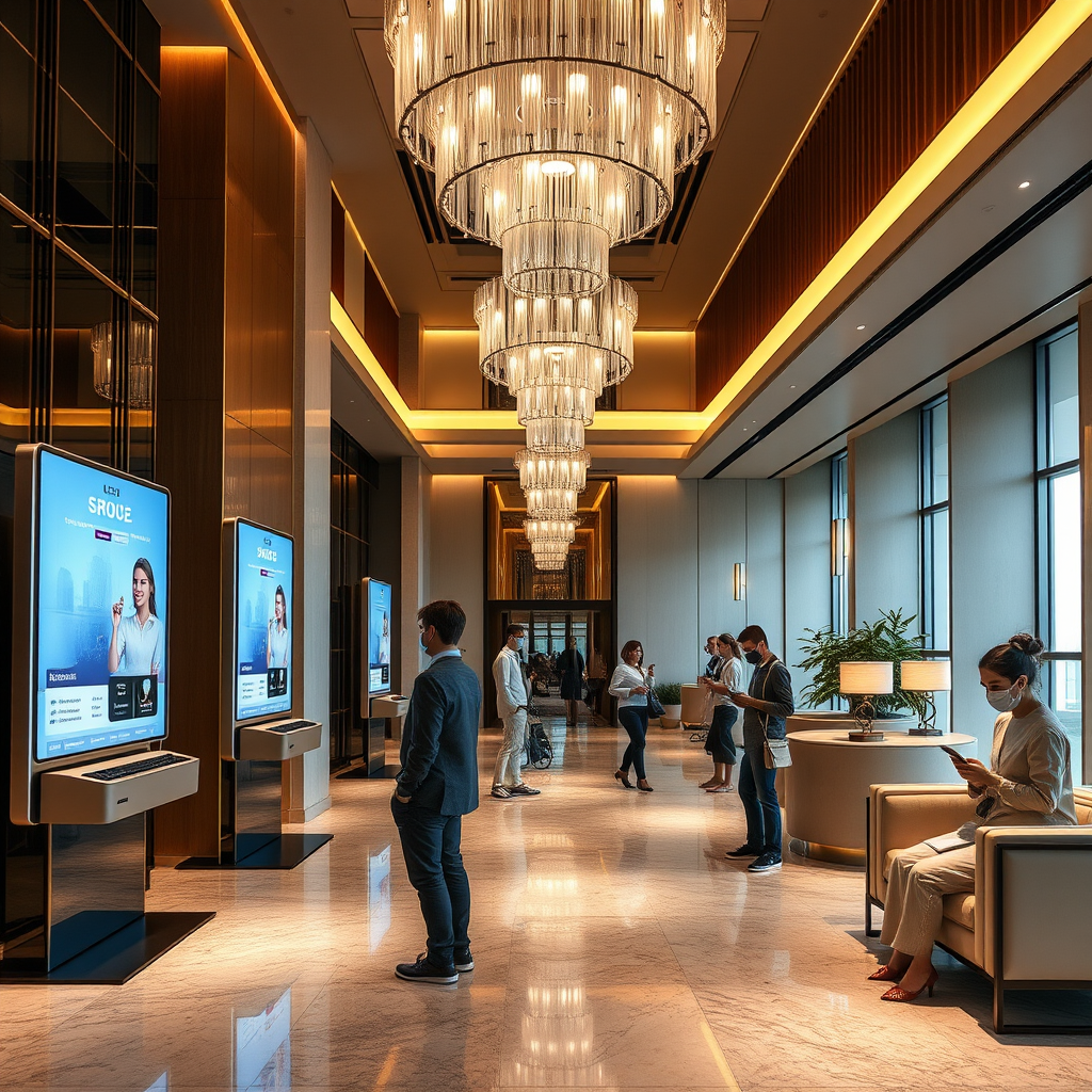 Modern luxury hotel lobby featuring digital check-in kiosks, smart lighting systems, and guests using mobile devices for seamless service interactions