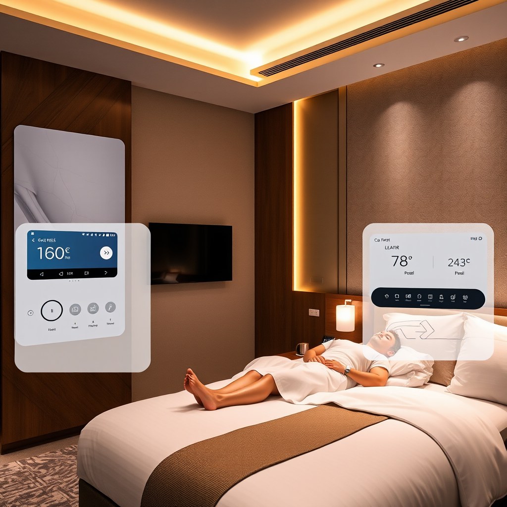 Modern hotel room featuring smart control panels for lighting, temperature, and entertainment systems with a guest relaxing on a premium bed