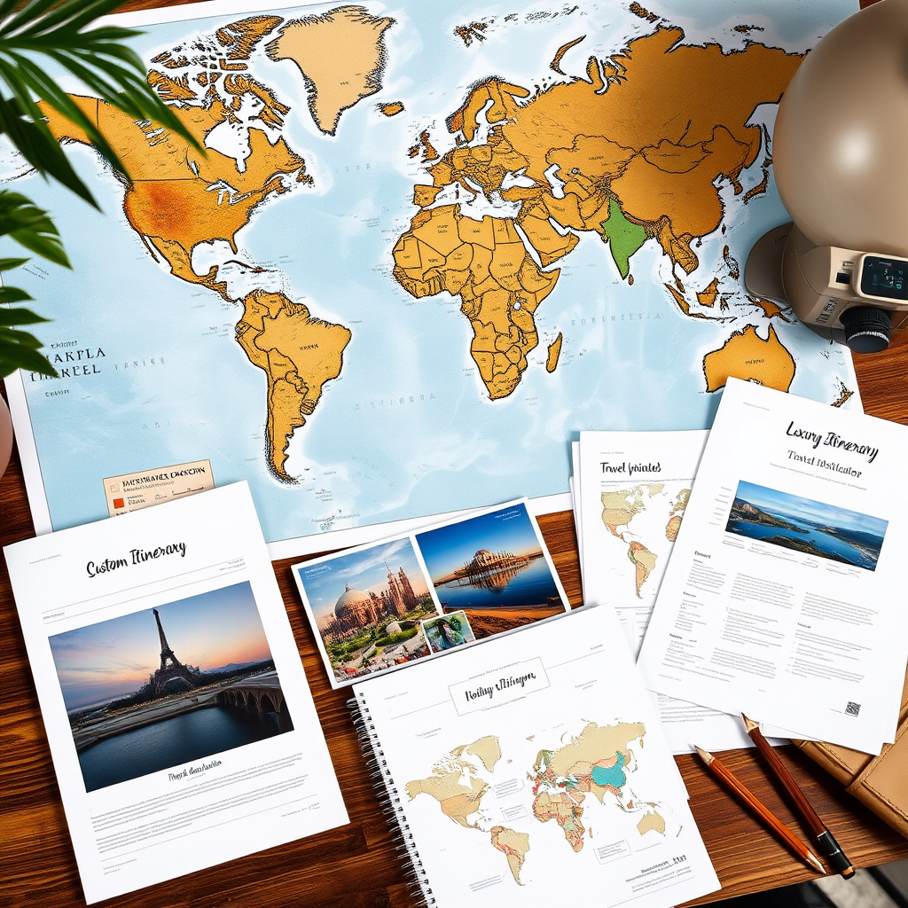 Travel planning desk with world map, luxury destination photos, custom itinerary documents, and planning materials representing bespoke travel experience design