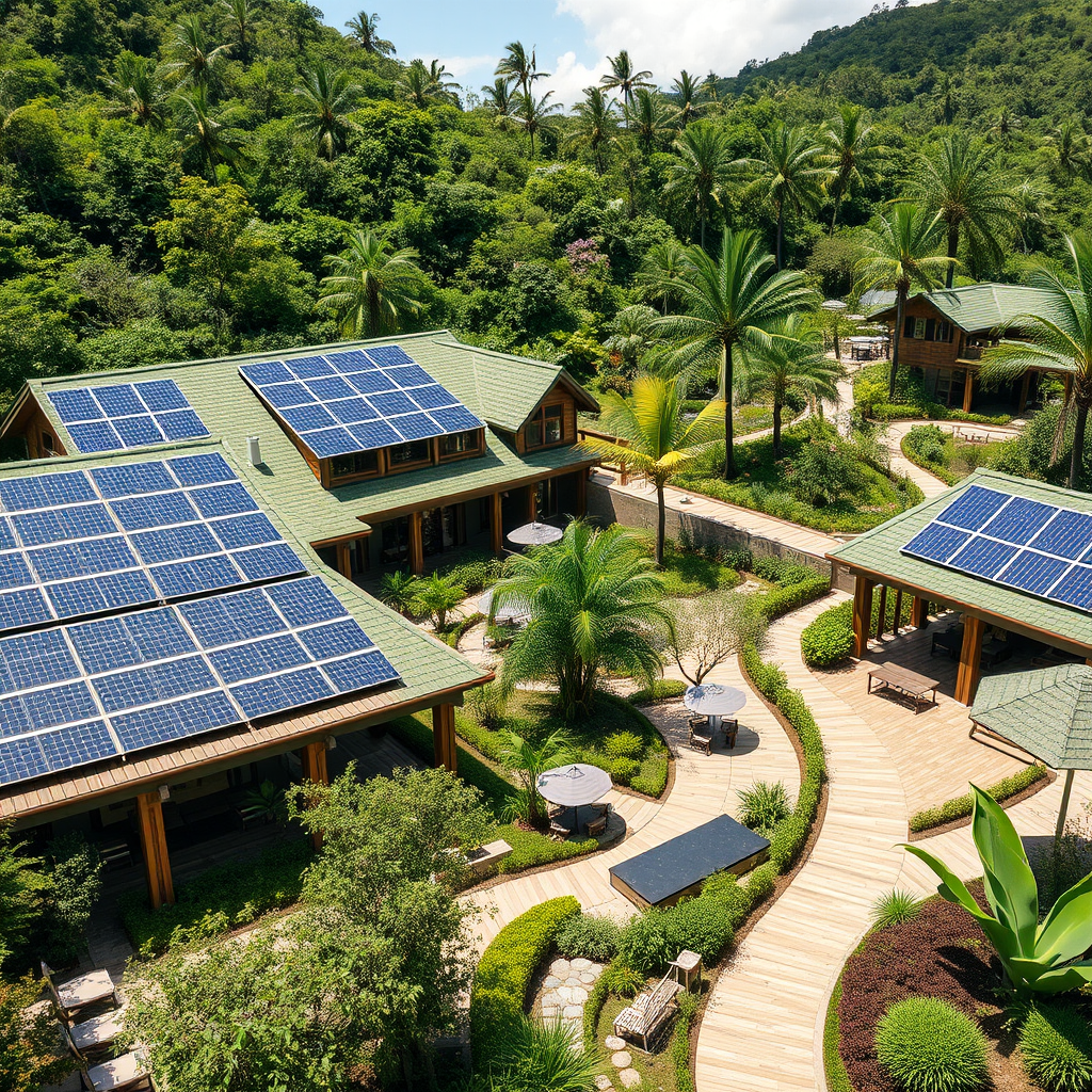 Eco-friendly luxury resort with solar panels, green architecture, and sustainable landscaping demonstrating environmental responsibility in premium hospitality