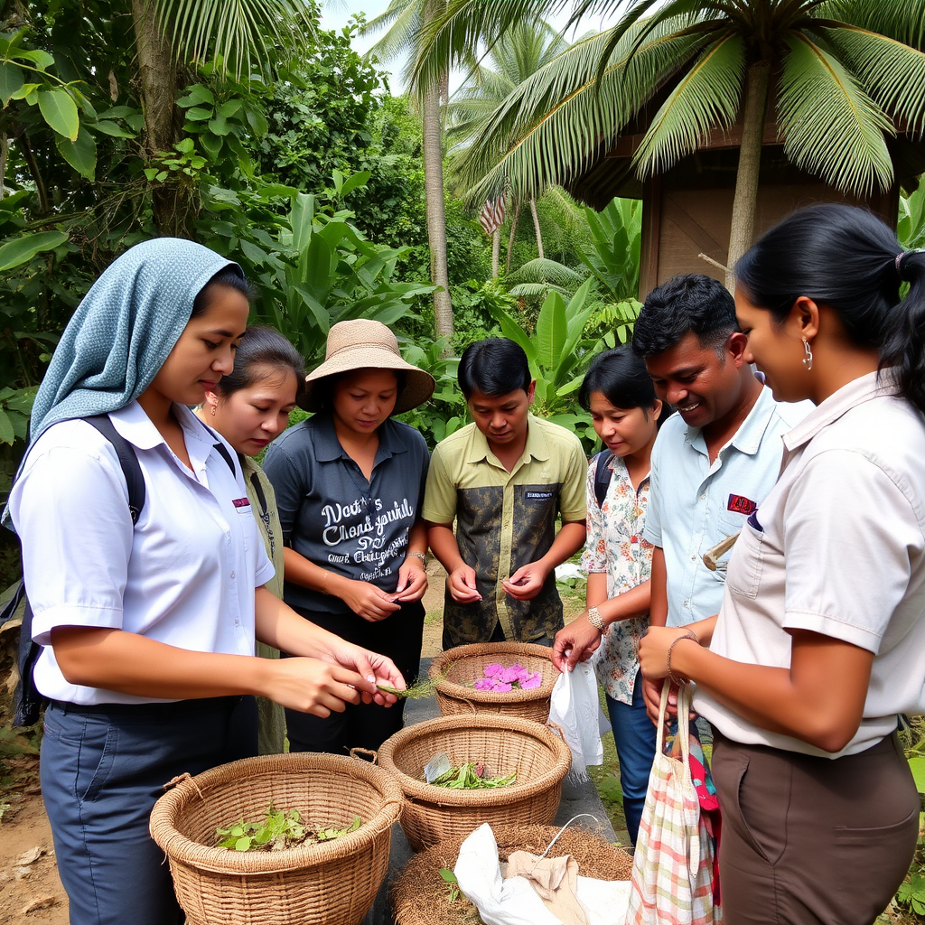 Luxury resort staff working with local community members on conservation projects, showcasing sustainable tourism's positive impact on local economies and environment