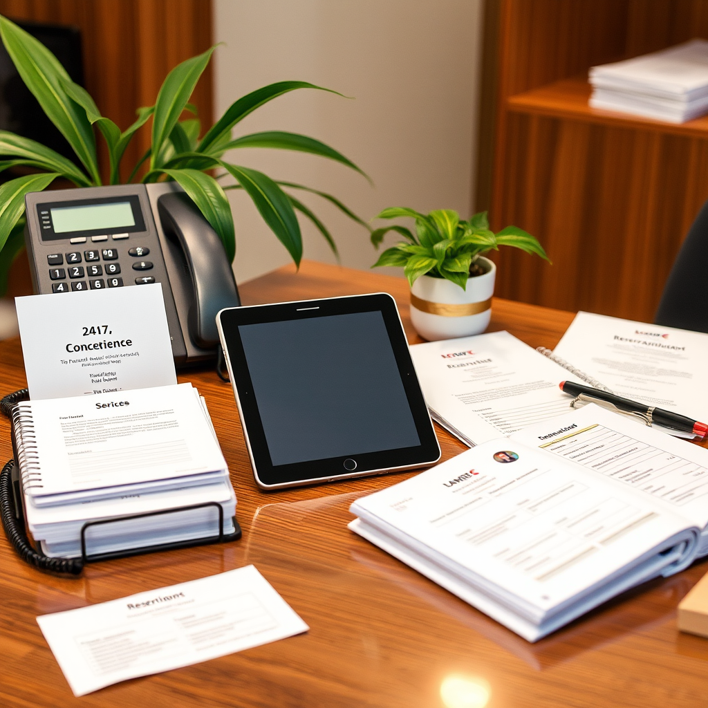 Professional concierge desk with phone, tablet, reservation books, and service materials representing 24/7 personal assistant and concierge support services