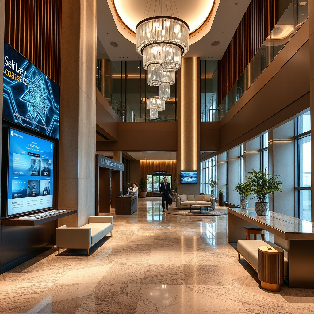 Modern hotel lobby featuring advanced technology interfaces, smart check-in systems, and digital concierge services enhancing luxury guest experiences